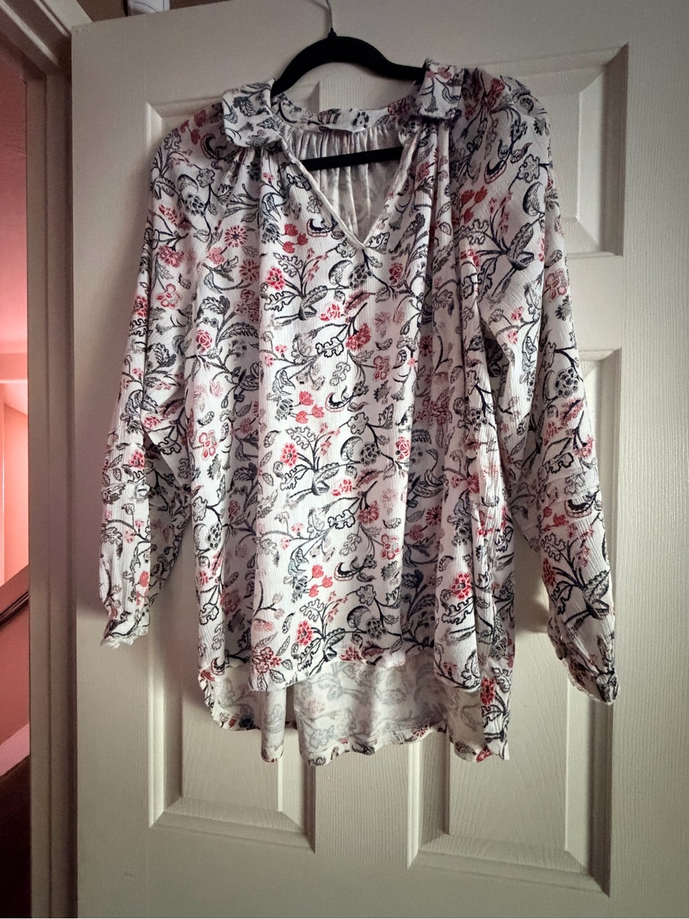 Lucky Brand White Tunic Top with Black & Pink Floral Print